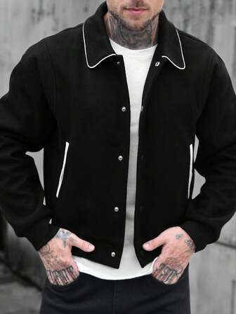 Manfinity Homme Men's Casual Contrast Trim Button Long Sleeve Black Varsity Overcoat, Black And White Overcoat