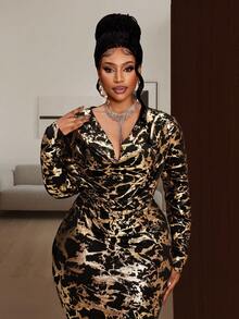 Maweii Vestido ajustado con escote pronunciado y estampado metálico para tallas grandes - Dorado - Ver 4