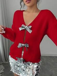Elenzga Women's Casual Sequin Bow Decor Loose Fit Long Sleeve Sweater - Red - View 3