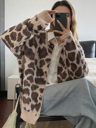 DAZY Vintage Single-Breasted Leopard Print Cardigan Sweater, Winter New Arrival