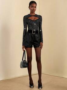 Lyxana Twist Knot Sequin Patchwork Hollow Out Fitted Sexy Long Sleeve T-Shirt - Black - View 4