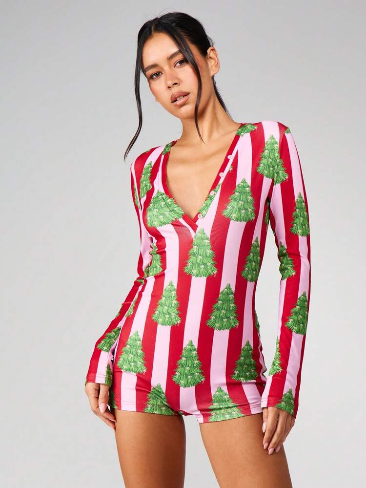 MISSGUIDED Long Sleeve Christmas Tree Striped Romper For Holiday Parties Deep V Neck Festive Winter Playsuit