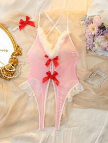 DelicateAllure Christmas Pink Bow Crotch Open Fluffy Trim Mesh Splice Contrast Color Sweet Cute Innocent Sexy Bodysuit For Women - Pink - View 2