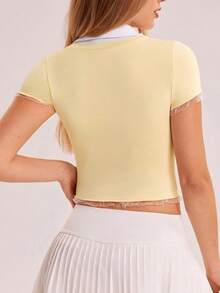 Gameset SHEIN Sport 女式运动 Polo 衫，二合一，撞色 Polo 领，不对称荷叶边下摆和袖口，适合休闲穿着、跑步、瑜伽、健身、网球、高尔夫等，春季、秋季、冬季 - 彩色 - 查看 2