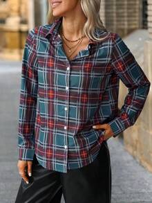SHEIN Clasi Camicia casual da donna a maniche lunghe con bottoni e stampa a quadri, adatta per l'autunno, l'inverno, feste, Capodanno e Natale