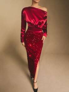 Poéselle 女士纯色不对称肩部蝙蝠袖亮片拼接侧开衩下摆优雅修身连衣裙 - 白色 - 查看 8