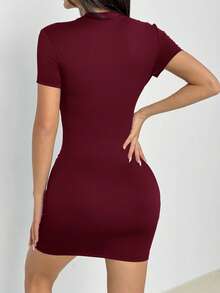 SHEIN PETITE 女士休闲纯色罗纹针织修身迷你连衣裙 - 酒紅色 - 查看 2