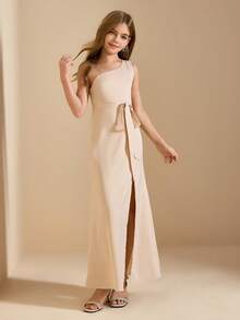 Elegant Flower Girl Dress For Graduation, Wedding, Ball, Halloween, Christmas, Champagne Satin One-Shoulder Waist Bow Strap Backless Midi Dress For Tween Girl, Fashion Open Hem Puffy Princess Dress For Back To School - Champagne - View 1