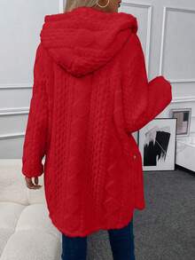 SHEIN LUNE Women's Solid Color Hooded Front Button Long Sleeve Regular Jacket, Autumn/Winter - Red - View 2