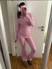 CovetEZ Bộ 2 món đồ nữ cổ đứng khóa kéo màu trơn áo dài tay và quần dài - Hồng - Xem 3