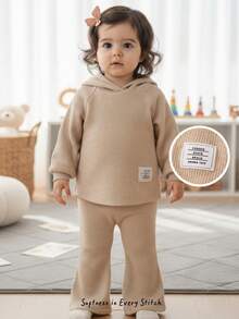 Cozy Pixies 2件套女婴柔软针织连帽衫和松紧腰裤套装 - 杏色 - 查看 10