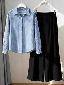 Regalyn Große Größen Lässig Gestreiftes Langarm Hemd + Minimalistische Lässig Lange Hose 2 Stücke Set