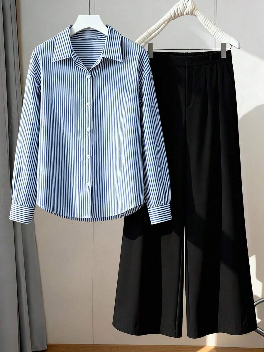Regalyn Große Größen Lässig Gestreiftes Langarm Hemd + Minimalistische Lässig Lange Hose 2 Stücke Set