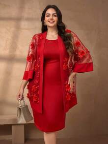 SHEIN Clasi 大码女式两件套，优雅的白色刺绣开衫衬衫和长裙两件套服装，适合休闲、工作和户外穿着 - 紅色 - 查看 6