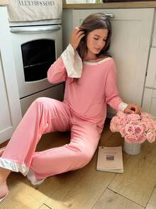 Snug Reverie 1 Set Women's Boat Neck Bell Sleeve Cute Pajamas Sleep Wear Women 2 Pieces Set Two Piece Sleepwear Set Comfy Pajamas Set Lounge Wear Women Set Long Sleeve Lounge Set, Fall & Winter Clothes Sleep Wear Women 2 Piece Set - Pink - View 6