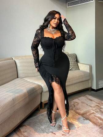 NU&NOW Plusstorlek damklänning i svart med fyrkantig krage, spets, lapptäcke, knytmönster, sexig och elegant långärmad, lämplig för dejter, pendling, fester, helgdagar, vår/höst/vinter