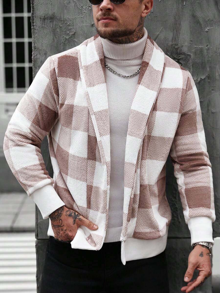 Manfinity CasualCool 男士保暖内衬休闲格子长袖外套，百搭时尚 - 黃色 - 查看 1