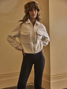 Aralina Áo khoác len pha khóa kéo ngắn có túi nắp phía trước, cổ bẻ, áo khoác ngoài cổ điển đường phố - Màu be - Xem 9