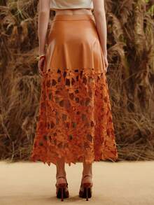 Arave Women's Solid Color Hollow Out Elegant PU Contrast Lace Midi Skirt