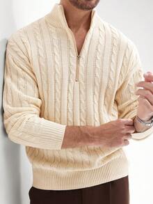 Manfinity Mode Men's Solid Color Front Half Zip Plain Long Sleeve Casual Pullover Sweater, For Friends, Fall/Winter