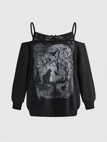 Goth 女士哥特式暗黑神秘裸树与猫印花撞色蕾丝吊带卫衣 - 黑色 - 查看 1
