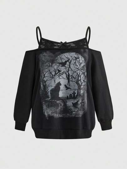 Goth Canottiera con stampa di albero nudo e gatto in stile gotico e misterioso, con pizzo a contrasto, per donna