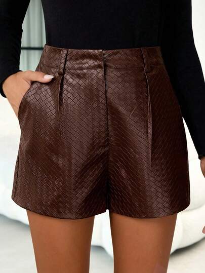 Lavishia Women's Coffee Brown Faux Leather Track Shorts With Zipper Detail And Woven Texture, Stylish High-Waist Shorts Leather Shorts For Women