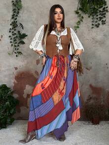 Whyspr Grunge Cottage Punk Plus Size Women's Colorful Vintage Asymmetrical A-Line Skirt - Multicolor - View 5