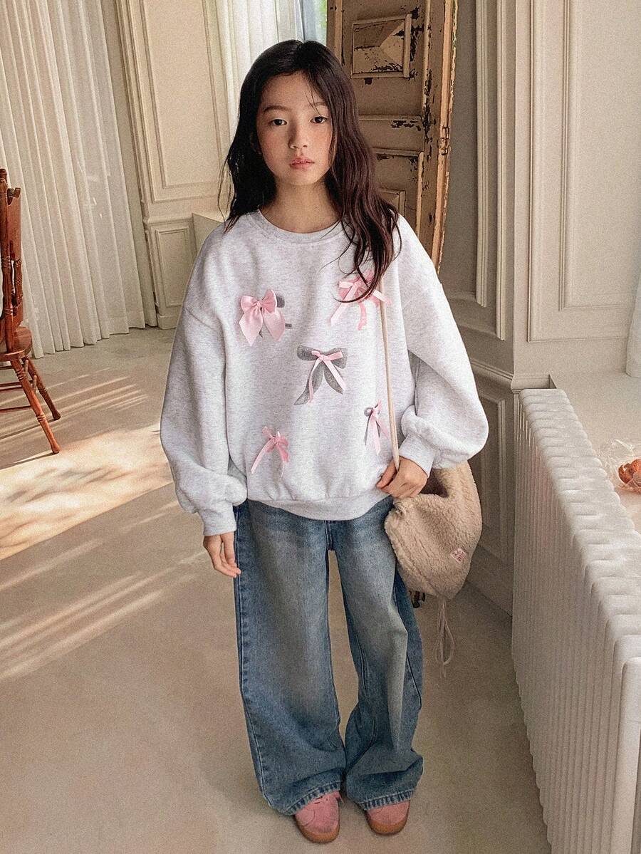 DAZY Sudadera de felpa de cuello redondo con lazo y diseño estampado para niñas preadolescentes, otoño - Gris - Ver 1