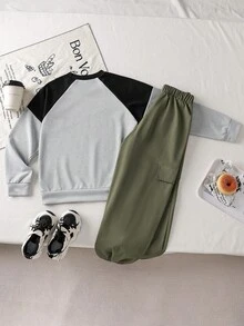 Genkimix Kids Áo nỉ dài tay cổ tròn in chữ "Rest" cho bé gái tuổi teen kèm quần, chất vải mềm mại và thoải mái, thích hợp mặc khi chơi thể thao hàng ngày, thường ngày, đi học, mặc đi nghỉ, mùa thu/đông - Nhiều màu - Xem 2