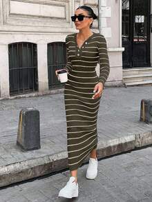 EURMUSE Women's Ribbed Rib Knit Long Sleeve Sweater Dress - Army Green - View 7