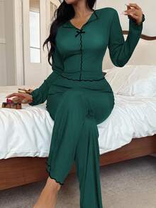 SHEIN Women's Black & White Contrast Trim Slim Fit Long Sleeve Top & Pants Pajama Clothes Set, Autumn/Winter - Dark Green - View 3