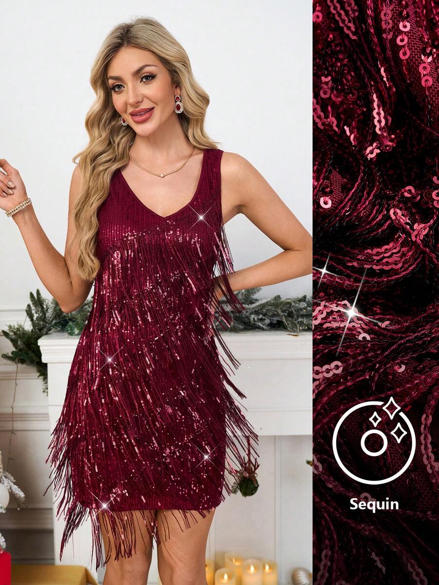 SHEIN Clasi Elegancka damska krótka sukienka z dekoltem w serek i cekinami, idealna na imprezy, Boże Narodzenie i Nowy Rok