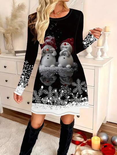 EMERY ROSE Abito casual da donna taglie forti con stampa di fiocchi di neve, collo rotondo e maniche lunghe