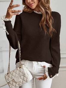 SHEIN Tall Elegante suéter de manga larga con ribete de encaje color albaricoque para mujer alta, adecuado para otoño/invierno - Marrón - Ver 4