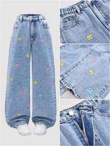 Sparklyn Teen Girl Butterfly Embroidery Pocket Casual Straight Leg Jeans Jeans With Bows - Light Wash - View 2