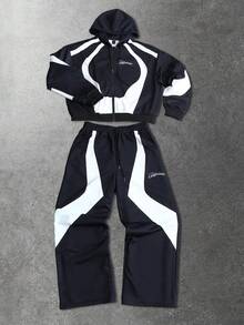 ROMWE MEN Casual Conjunto de sudadera con capucha y pantalón de chándal con parches de colores contrastantes para hombre - Negro - Ver 3