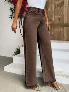 Breezaya 高腰带环直筒休闲牛仔裤 - 咖啡棕 - 查看 4