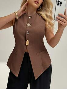 Auralis Camiseta sin mangas de color caqui sólido con decoración de hebilla de metal, elegante, para mujer, estilo de negocios casuales, moda de viaje, graduación, oficina, crucero, aeropuerto, divertida