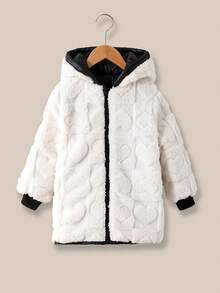 SHEIN 女童拉链连帽毛绒内衬羽绒服 女童外套 儿童外套 儿童冬季夹克 儿童黑色外套 - 彩色 - 查看 3