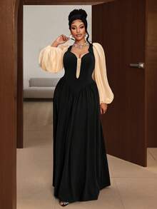 Maweii Robe élégante et sexy grande taille à manches lanternes et blocs de couleur - Noir - Voir 4