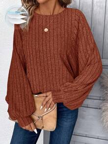 EMERY ROSE Sudadera casual de punto acanalado con cuello redondo y mangas farol para mujer de talla grande - Naranja - Ver 10