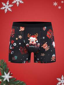 Notgurli 圣诞节趣味印花卡通古怪圣诞老人、礼品盒、拐杖糖、铃铛、雪花、雪人、家庭派对男士中长款平角内裤