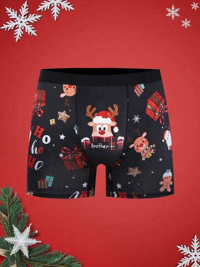 圣诞节趣味印花卡通古怪圣诞老人、礼品盒、拐杖糖、铃铛、雪花、雪人、家庭派对男士中长款平角内裤