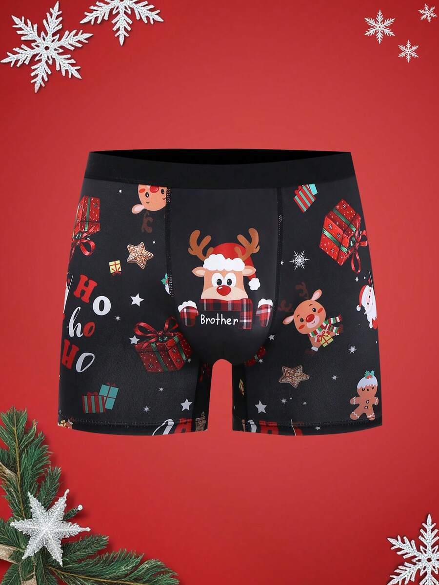 Notgurli 圣诞节趣味印花卡通古怪圣诞老人、礼品盒、拐杖糖、铃铛、雪花、雪人、家庭派对男士中长款平角内裤