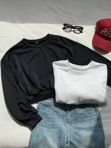 Comfortcana Bộ 2 áo nỉ tay raglan trơn, áo dài tay cho mùa thu/đông - Đen và trắng - Xem 6