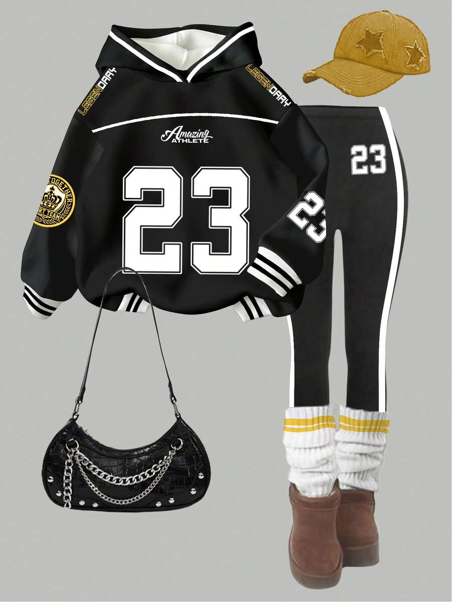 2pcs/Set Teen Girl Sports, Street, Back To School, Casual, College, Basketball Style Black Minimalist Numeric 23 Print Hoodie Sweatshirt And Leggings, Fashion Athleisure, Collegiate, Street Style, Contrast Color, Comfortable Long Sleeve, Suitable For Autumn/Winter Baseball Clothes Teen Set 2 Piece Set Biker Set 23 Print Clothes