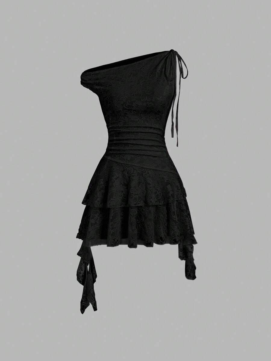 Sweetra Váy ren bất đối xứng thiết kế mới dành cho nữ - màu đen - Xem 1