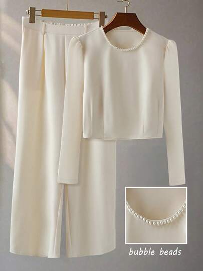 Regalyn 大码女士优雅杏色简约珍珠拉链短袖上衣和裤子两件套，秋季