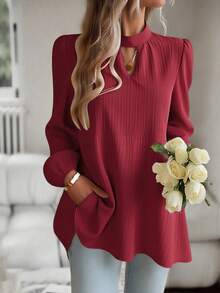 SHEIN Clasi Keyhole Neckline Lantern Sleeve Ruffle Hem Blouse Peplum Top Fall Cloth For Women - Burgundy - View 4